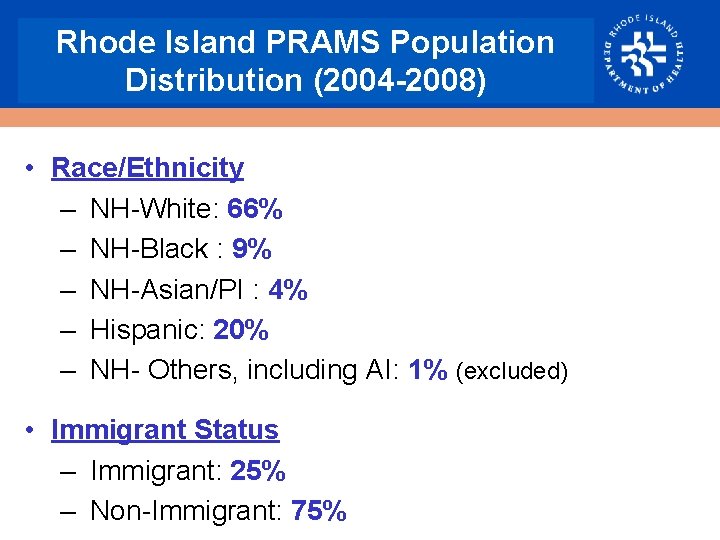 Rhode Island PRAMS Population Distribution (2004 -2008) • Race/Ethnicity – NH White: 66% –