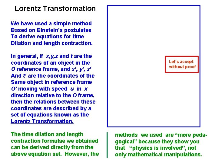 Lorentz Transformation We have used a simple method Based on Einstein’s postulates To derive