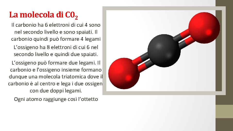 La molecola di C 02 Il carbonio ha 6 elettroni di cui 4 sono