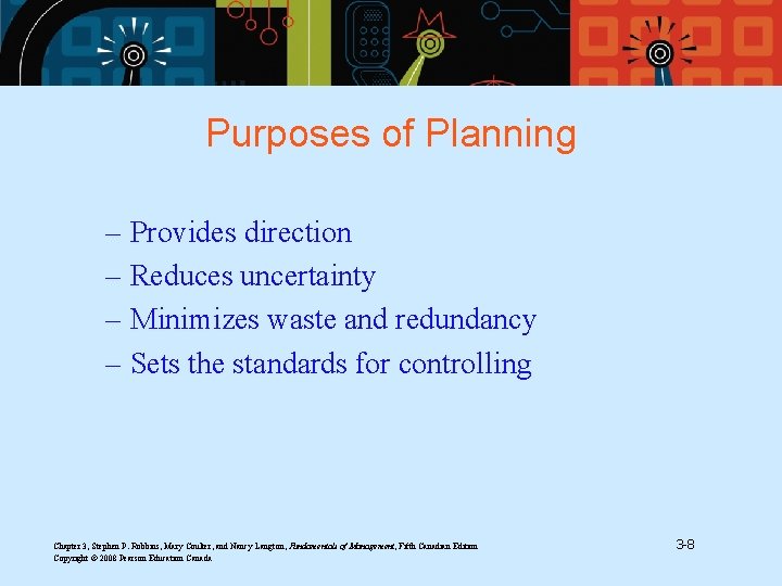 Purposes of Planning – Provides direction – Reduces uncertainty – Minimizes waste and redundancy