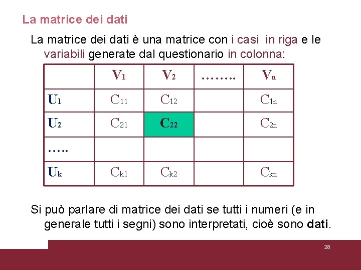 La matrice dei dati è una matrice con i casi in riga e le La matrice dei dati è una matrice con i casi in riga e le