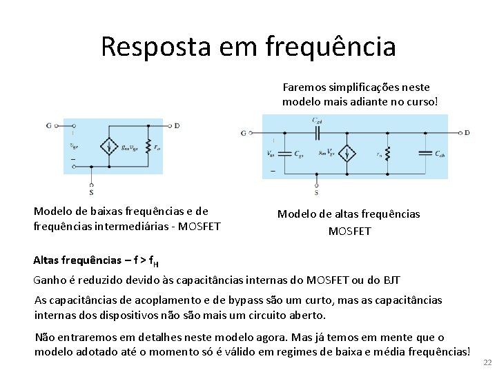 Resposta em frequência Faremos simplificações neste modelo mais adiante no curso! Modelo de baixas