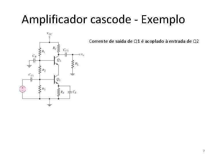 Amplificador cascode - Exemplo Corrente de saída de Q 1 é acoplado à entrada