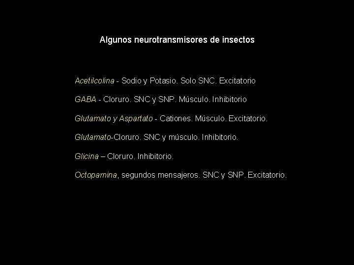 Algunos neurotransmisores de insectos Acetilcolina - Sodio y Potasio. Solo SNC. Excitatorio GABA -