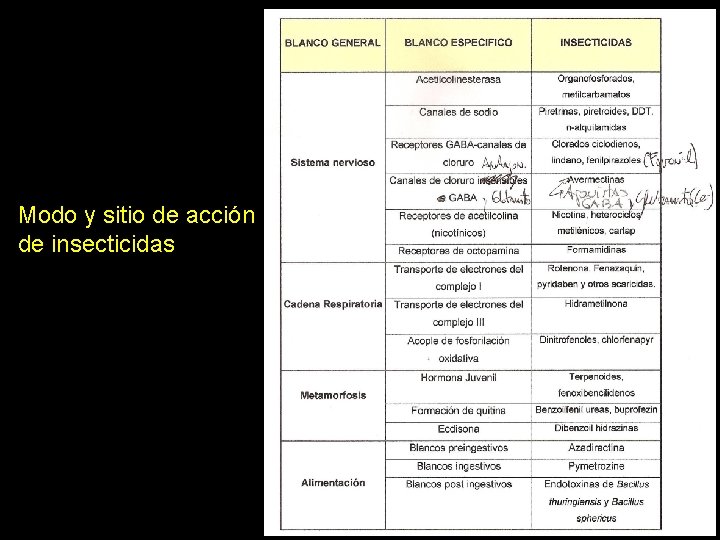 Modo y sitio de acción de insecticidas 