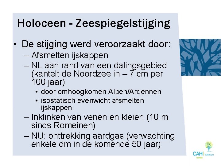 Holoceen - Zeespiegelstijging • De stijging werd veroorzaakt door: – Afsmelten ijskappen – NL