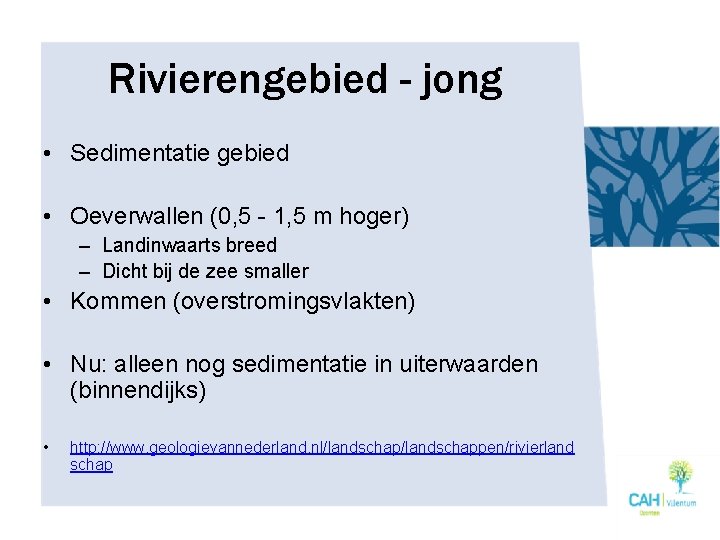 Rivierengebied - jong • Sedimentatie gebied • Oeverwallen (0, 5 - 1, 5 m