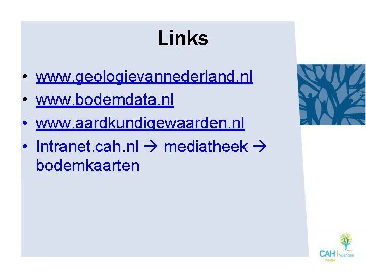 Links • • www. geologievannederland. nl www. bodemdata. nl www. aardkundigewaarden. nl Intranet. cah.