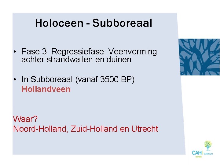 Holoceen - Subboreaal • Fase 3: Regressiefase: Veenvorming achter strandwallen en duinen • In