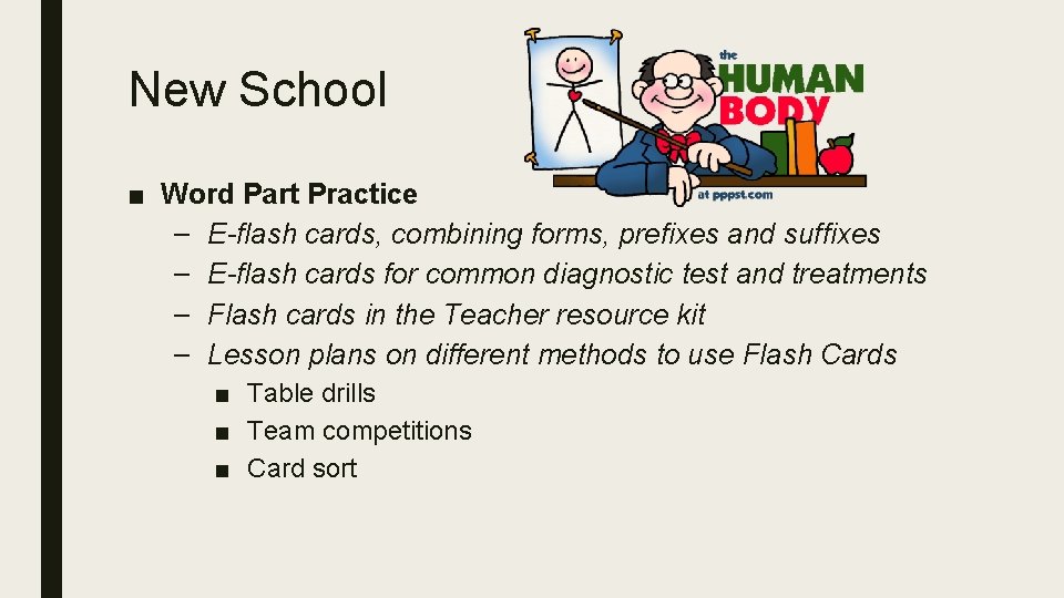 New School ■ Word Part Practice – E-flash cards, combining forms, prefixes and suffixes