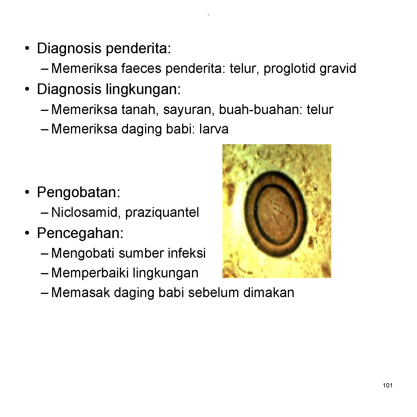 i • Diagnosis penderita: – Memeriksa faeces penderita: telur, proglotid gravid • Diagnosis lingkungan: