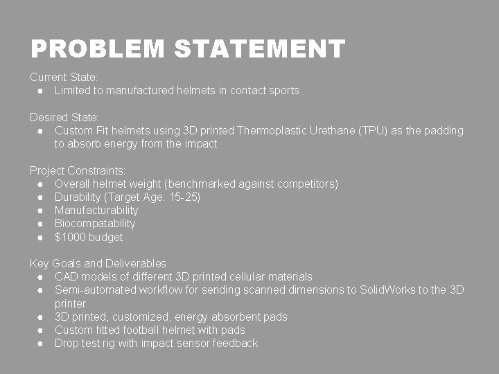 PROBLEM STATEMENT Current State: ● Limited to manufactured helmets in contact sports Desired State: