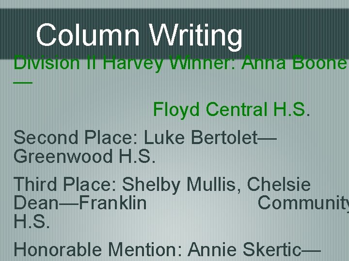 Column Writing Division II Harvey Winner: Anna Boone — Floyd Central H. S. Second