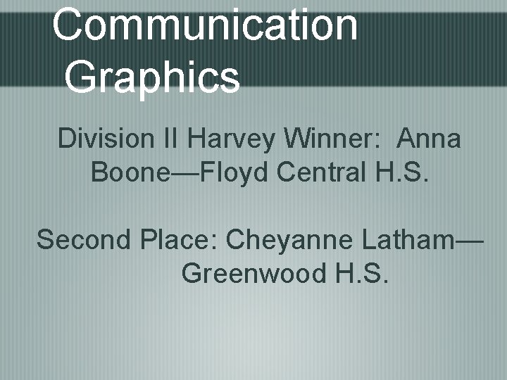 Communication Graphics Division II Harvey Winner: Anna Boone—Floyd Central H. S. Second Place: Cheyanne