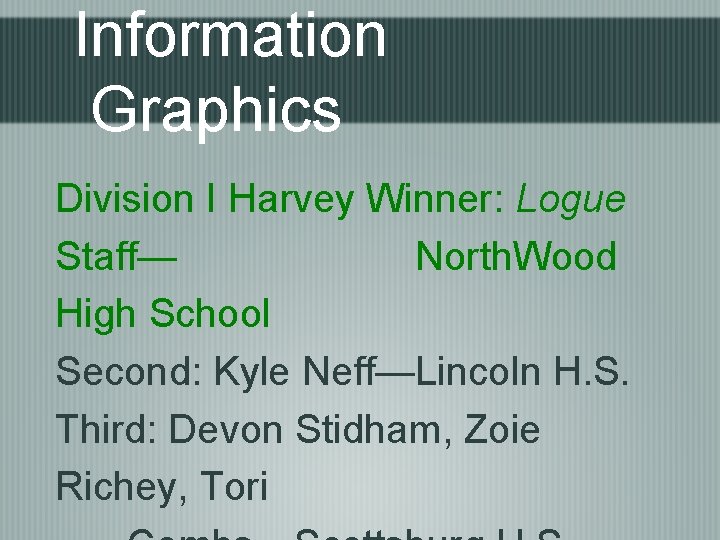 Information Graphics Division I Harvey Winner: Logue Staff— North. Wood High School Second: Kyle