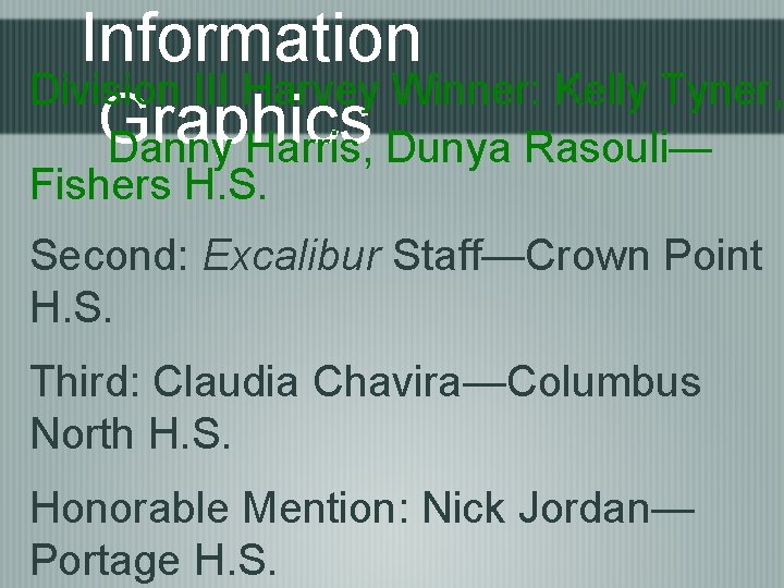 Information Division III Harvey Winner: Kelly Tyner, Graphics Danny Harris, Dunya Rasouli— Fishers H.