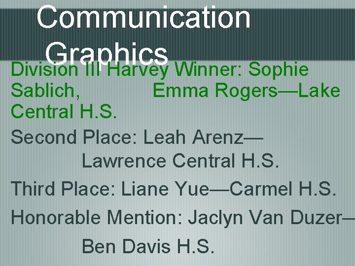 Communication Graphics Division III Harvey Winner: Sophie Sablich, Emma Rogers—Lake Central H. S. Second