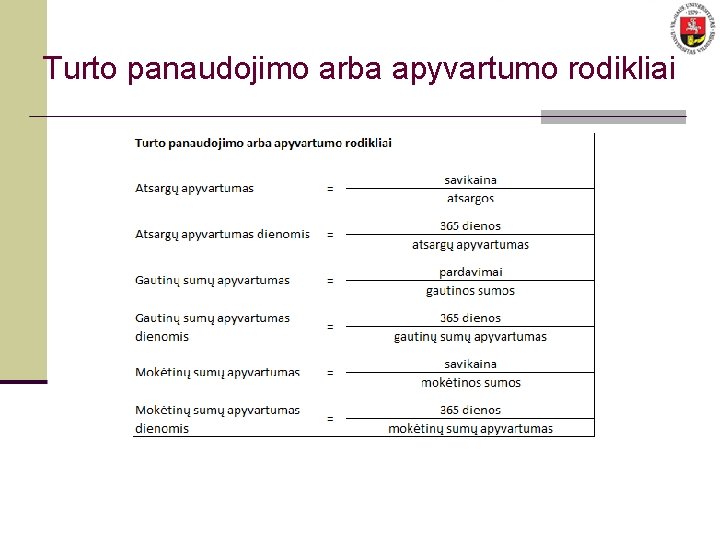 Turto panaudojimo arba apyvartumo rodikliai 