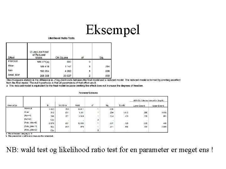 Eksempel NB: wald test og likelihood ratio test for en parameter er meget ens