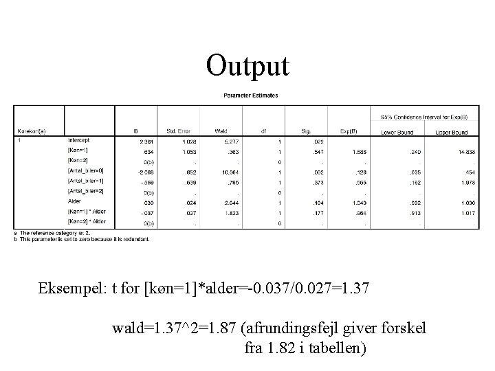 Output Eksempel: t for [køn=1]*alder=-0. 037/0. 027=1. 37 wald=1. 37^2=1. 87 (afrundingsfejl giver forskel
