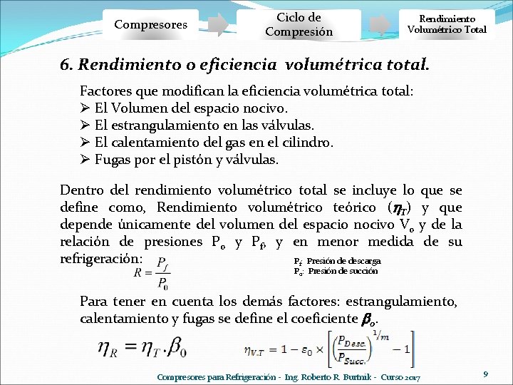 Compresores Ciclo de Compresión Rendimiento Volumétrico Total 6. Rendimiento o eficiencia volumétrica total. Factores Compresores Ciclo de Compresión Rendimiento Volumétrico Total 6. Rendimiento o eficiencia volumétrica total. Factores