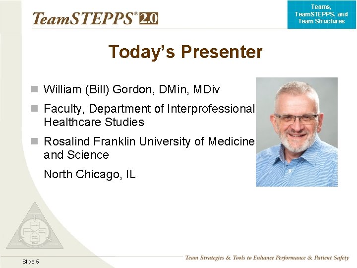 Teams, Team. STEPPS, and Team Structures Today’s Presenter n William (Bill) Gordon, DMin, MDiv