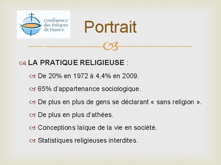 Portrait LA PRATIQUE RELIGIEUSE : De 20% en 1972 à 4, 4% en 2009.