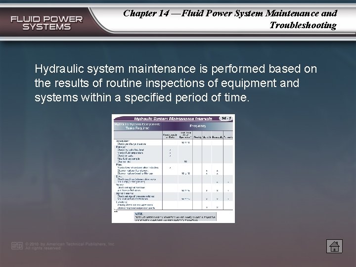 Chapter 14 —Fluid Power System Maintenance and Troubleshooting Hydraulic system maintenance is performed based