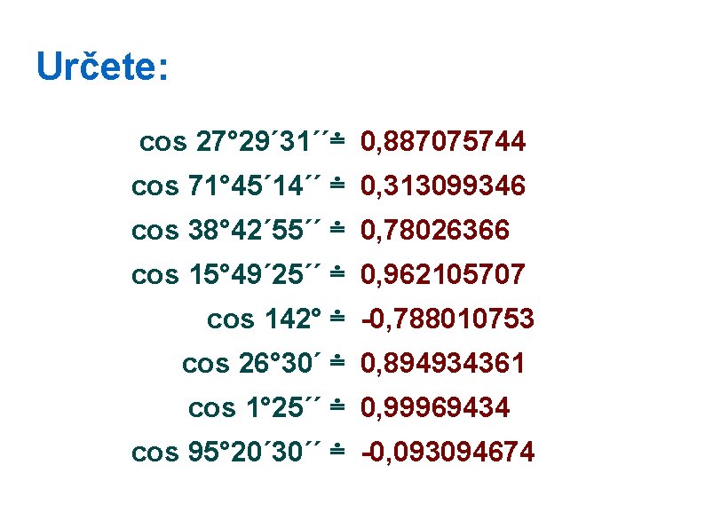 Určete: cos 27° 29´ 31´´≐ 0, 887075744 cos 71° 45´ 14´´ ≐ 0, 313099346