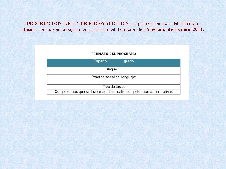 DESCRIPCIÓN DE LA PRIMERA SECCIÓN: La primera sección del Formato Básico consiste en la