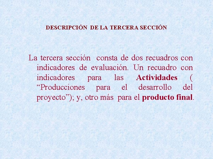 DESCRIPCIÓN DE LA TERCERA SECCIÓN La tercera sección consta de dos recuadros con indicadores