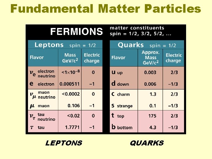 Fundamental Matter Particles LEPTONS QUARKS 