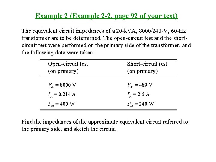 Example 2 (Example 2 -2, page 92 of your text) The equivalent circuit impedances