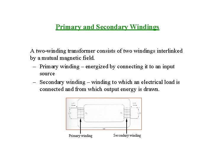 Primary and Secondary Windings A two-winding transformer consists of two windings interlinked by a