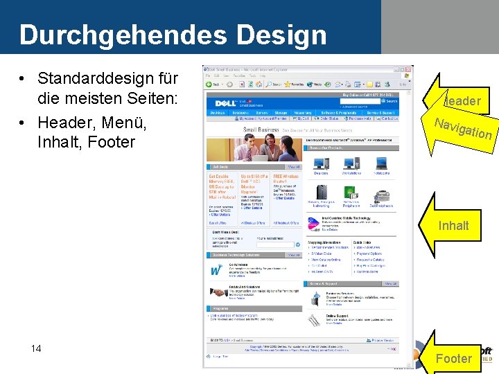 Durchgehendes Design • Standarddesign für die meisten Seiten: • Header, Menü, Inhalt, Footer Header Durchgehendes Design • Standarddesign für die meisten Seiten: • Header, Menü, Inhalt, Footer Header
