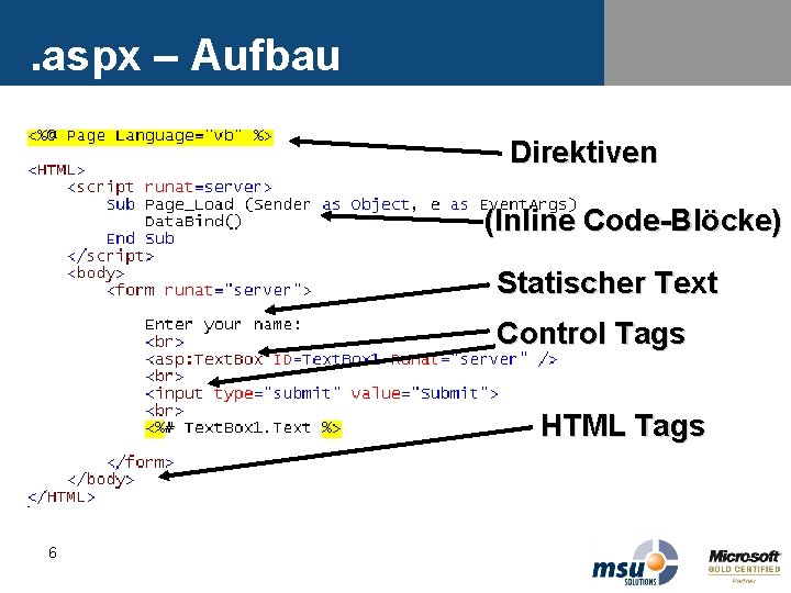 . aspx – Aufbau Direktiven (Inline Code-Blöcke) Statischer Text Control Tags HTML Tags 6 . aspx – Aufbau Direktiven (Inline Code-Blöcke) Statischer Text Control Tags HTML Tags 6
