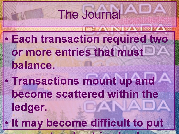 The Journal • Each transaction required two or more entries that must balance. •