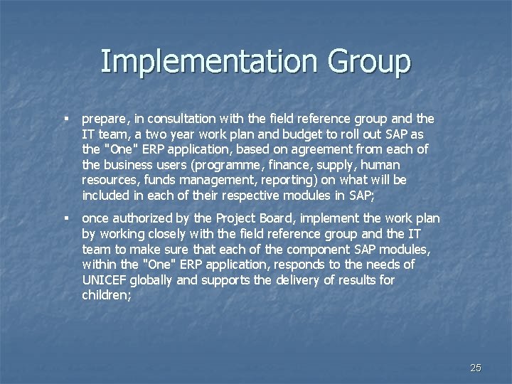 Implementation Group prepare, in consultation with the field reference group and the IT team,