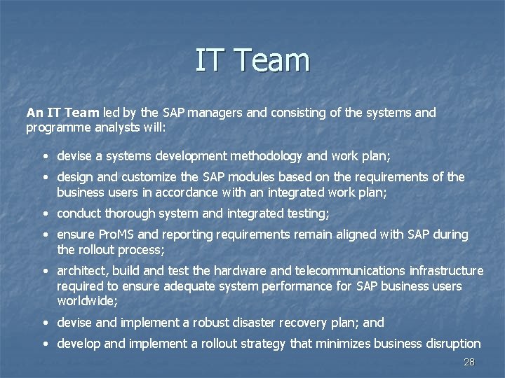 IT Team An IT Team led by the SAP managers and consisting of the