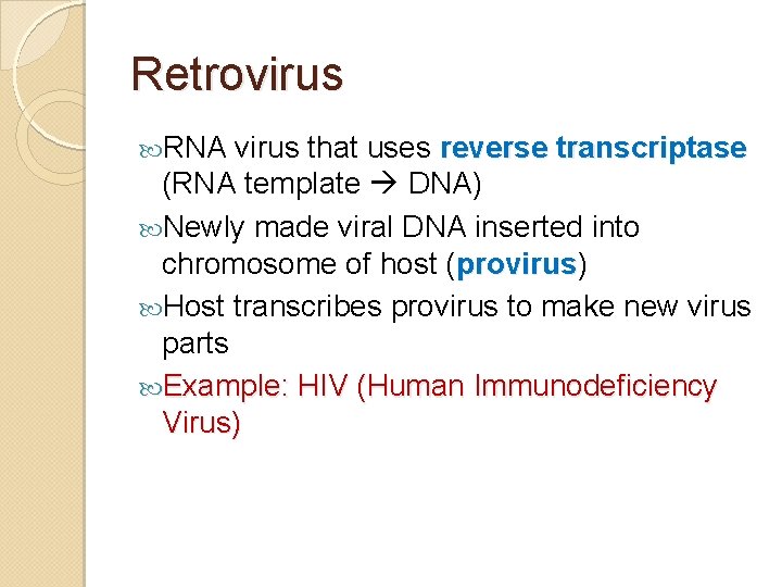 Retrovirus RNA virus that uses reverse transcriptase (RNA template DNA) Newly made viral DNA