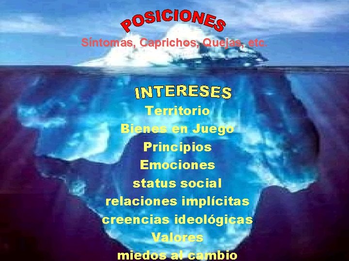 Síntomas, Caprichos, Quejas, etc. Territorio Bienes en Juego Principios Emociones status social relaciones implícitas