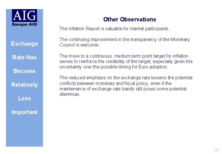 Other Observations The Inflation Report is valuable for market participants. Exchange Rate Has Become