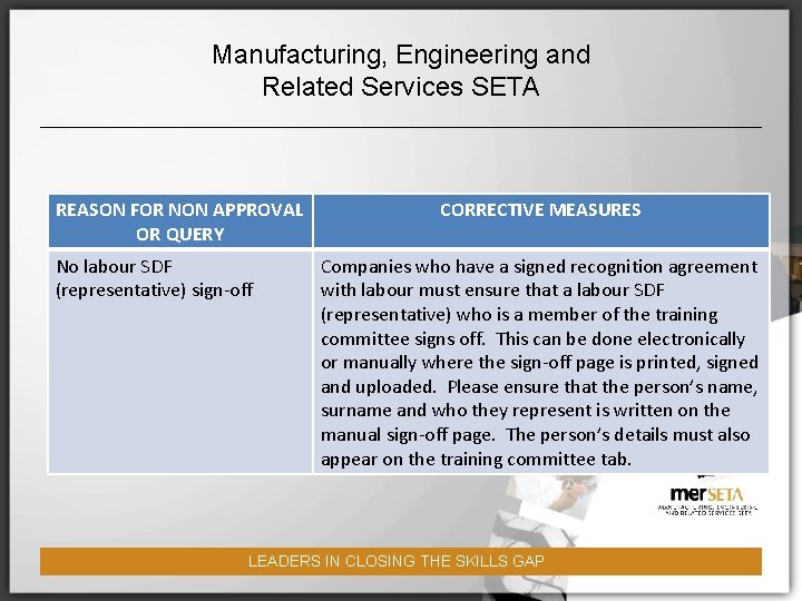 Manufacturing, Engineering and Related Services SETA REASON FOR NON APPROVAL OR QUERY No labour