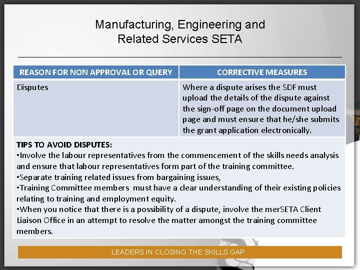 Manufacturing, Engineering and Related Services SETA REASON FOR NON APPROVAL OR QUERY Disputes CORRECTIVE