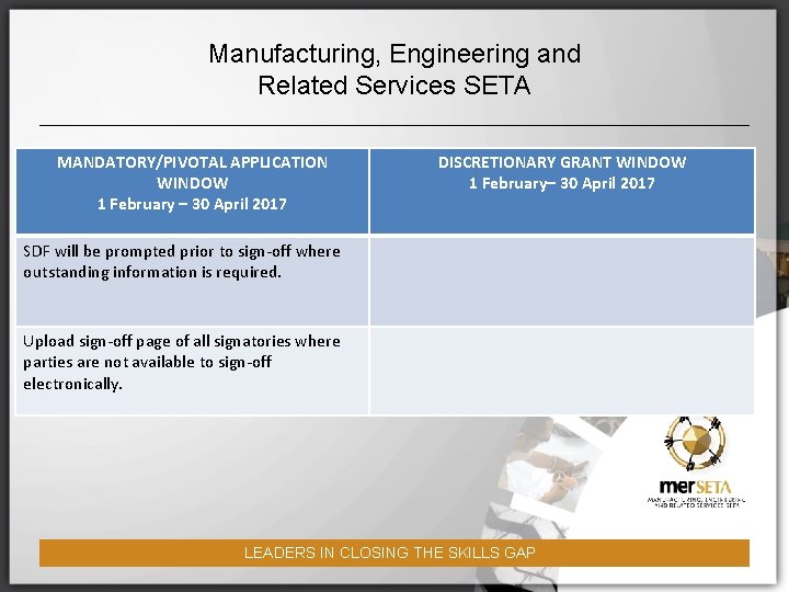 Manufacturing, Engineering and Related Services SETA MANDATORY/PIVOTAL APPLICATION WINDOW 1 February – 30 April