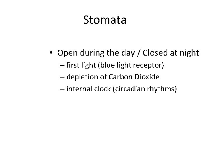 Stomata • Open during the day / Closed at night – first light (blue