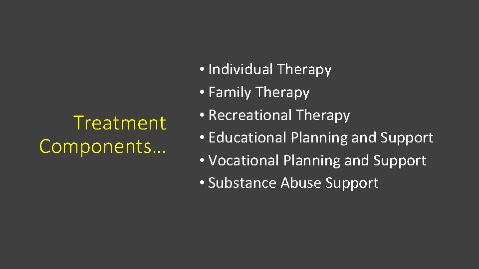 Treatment Components… • Individual Therapy • Family Therapy • Recreational Therapy • Educational Planning