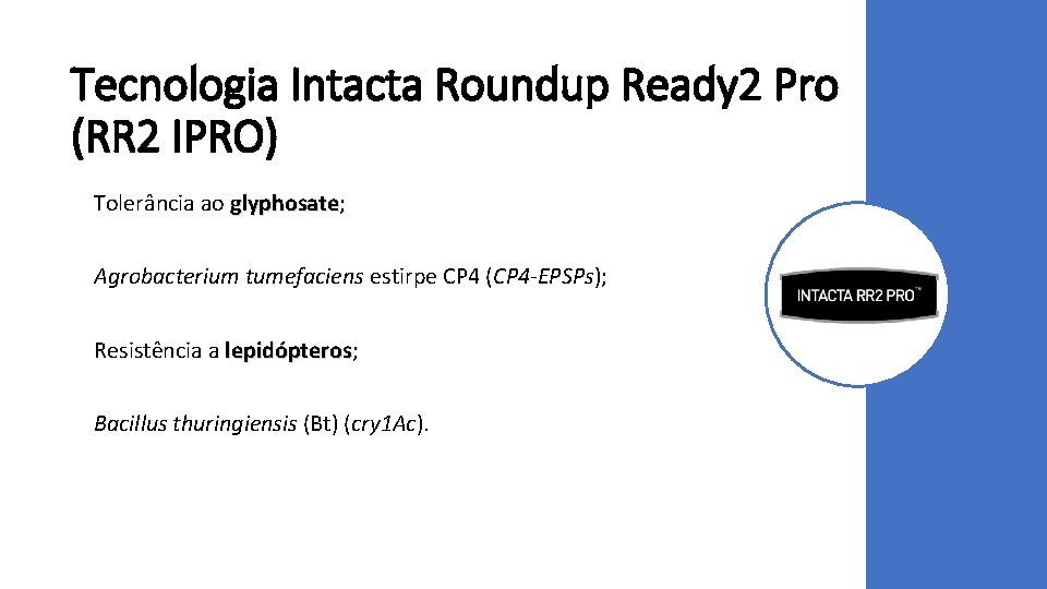 Tecnologia Intacta Roundup Ready 2 Pro (RR 2 IPRO) Tolerância ao glyphosate; Agrobacterium tumefaciens