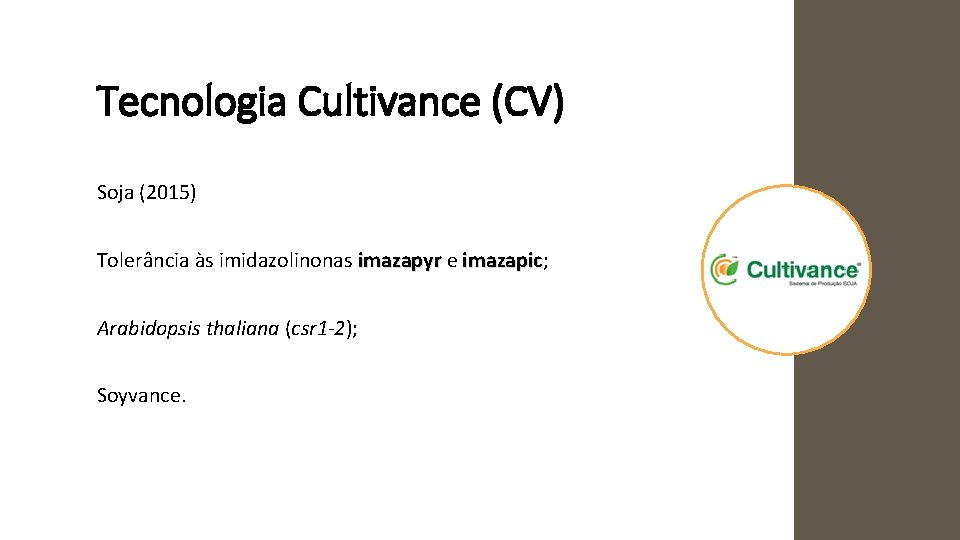 Tecnologia Cultivance (CV) Soja (2015) Tolerância às imidazolinonas imazapyr e imazapyr imazapic; imazapic Arabidopsis