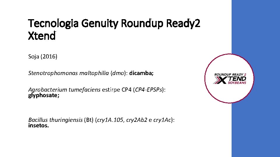 Tecnologia Genuity Roundup Ready 2 Xtend Soja (2016) Stenotrophomonas maltophilia (dmo): dicamba; Agrobacterium tumefaciens